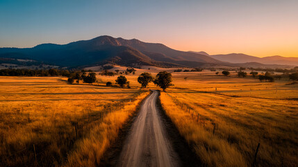 Obraz premium Sunset Over Golden Fields with a Long Dirt Road