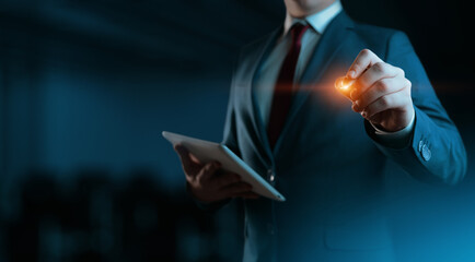The businessman touch virtual screen. Man presses virtual button. Business Technology Concept