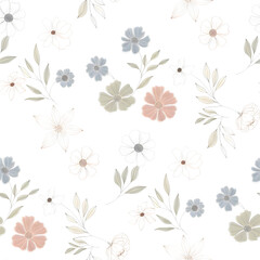 High-resolution 4K vector illustration of a seamless minimalist floral pattern composed of delicate flowers and leaves isolated on transparent background