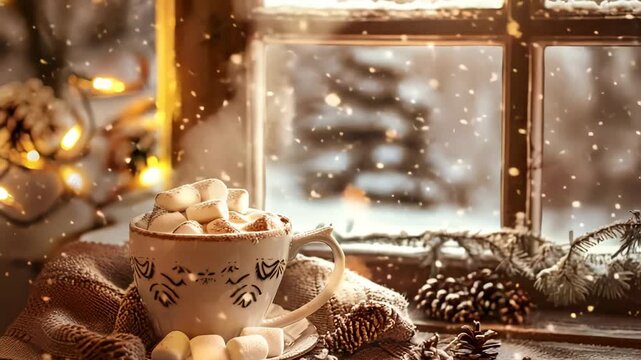 A cozy cup of hot chocolate with marshmallows sits on a table near a window. Snow falls outside, creating a warm winter atmosphere.