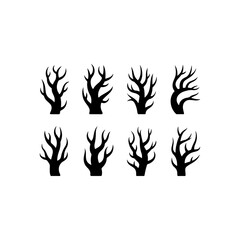 Obraz premium A set of 8 black fill-only silhouette vector icons of twisted tree branches without leaves, highly detailed and organic shapes, white background 