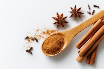 A wooden spoon holds ground cinnamon, nestled beside whole cinnamon sticks, star anise, and cloves scattered on a white background