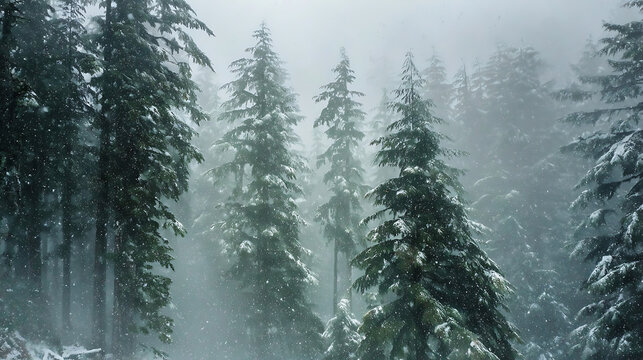Snow falling on snow covered evergreen trees in a misty forest snowfall winter