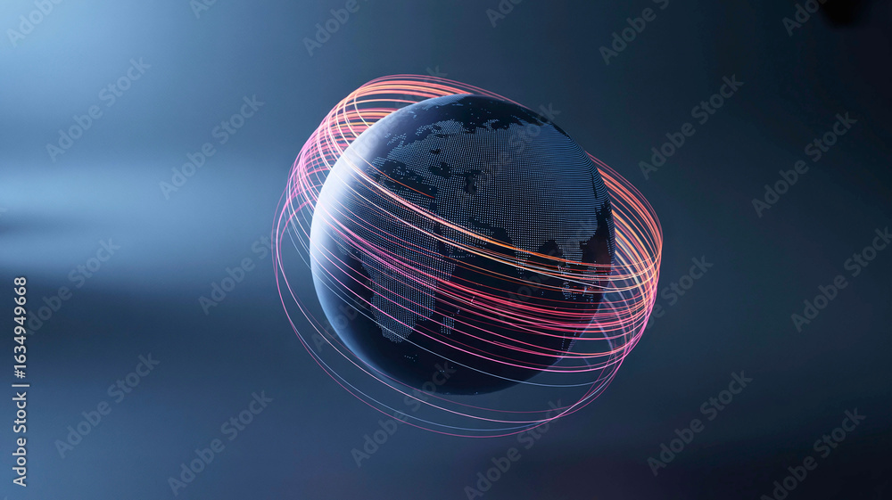 Poster digital earth with glowing rings of light representing global network communication and data transmi
