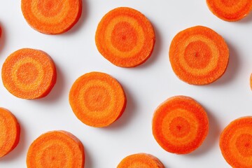 Overhead shot of multiple round carrot slices arranged on a white background, showcasing their vibrant orange color and concentric rings