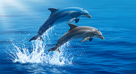 Fototapeta premium Two Dolphins Leaping from the Ocean Water with Splashes Underneath Them