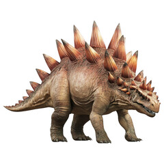 Fototapeta premium Ancient Giant: Witness the majestic Stegosaurus in its prehistoric glory, a formidable herbivore with imposing plates and spikes on display, isolated against a neutral background.