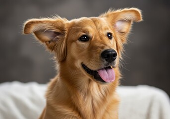 This lovely dog with golden fur is looking directly at the viewer with a happy smile and tongue out.
