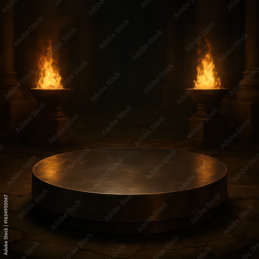 Poster a captivating dimly lit sanctuary, showcasing an inviting empty platform adorned with gentle flames.