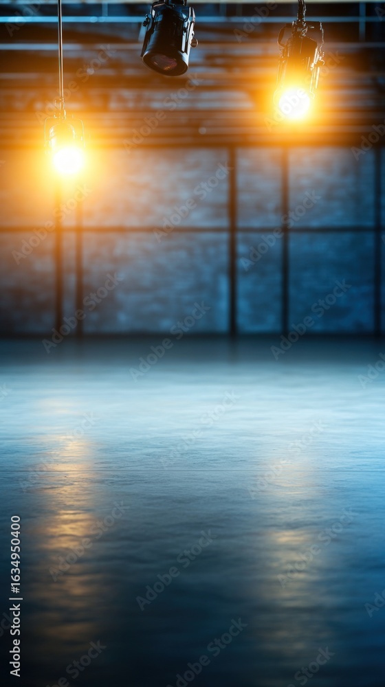 Poster illuminated empty stage with polished floor and spotlights for presentation or mockup