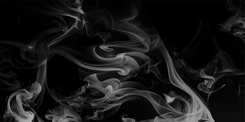 Gray smokes or steam, for use on dark background. Smoke and powder overlay on black background. Smoke steam set of airborne particulates and gases emitted. Scene of white cloudiness, steam or morning 