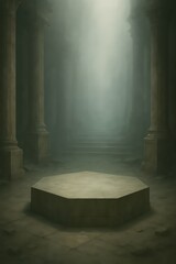 A weathered stone pedestal stands in the center of an ancient, grand hall. Sunlight streams from above.