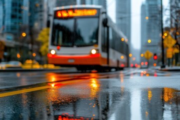 City bus on wet asphalt street after rain transport