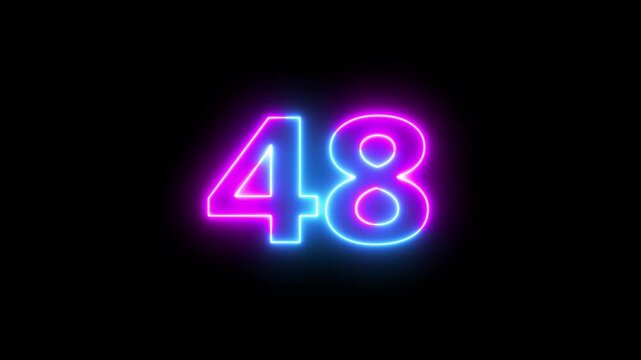 Abstract glowing neon text 48 number countdown icon. Glowing sign on black background Neon number 48 with alpha channel, neon numbers, Appears and disappears. Fiery style. 4k.
