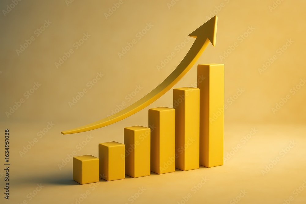 Poster a golden graph with upward arrow that symbolizing growth and success, against an optimistic and insp