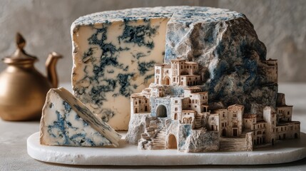 Delicious roquefort cheese with a miniature village showcasing roquefort-sur-soulzon