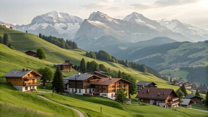 Charming alpine village nestled amidst majestic green mountains