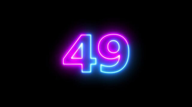 Abstract glowing neon text 49 number countdown icon. Glowing sign on black background Neon number 49 with alpha channel, neon numbers, Appears and disappears. Fiery style. 4k.