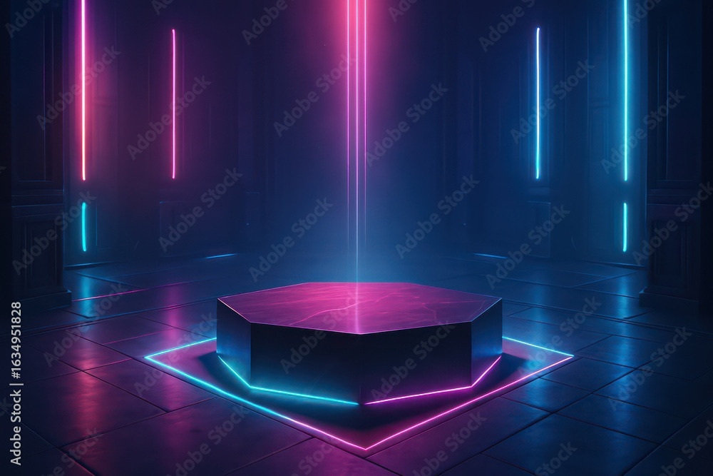 Poster illuminated stage design, glowing neon lights transform an empty hexagonal platform. into a futurist