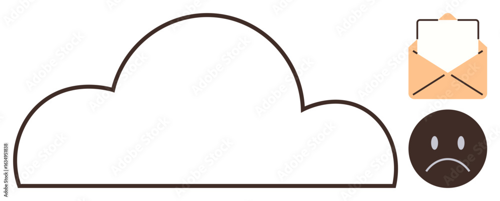 Poster cloud outline represents storage or backup. envelope with paper suggests messages or data. sad face 