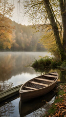 Obraz premium A wooden boat on a quiet autumn lake