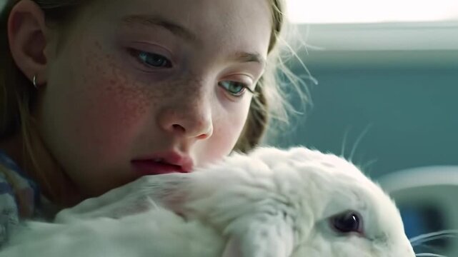 Terminally Ill Child Hugging Therapy Rabbit in Hospital Bed &ndash; Close-Up of Comfort, Innocence, and Emotional Support

