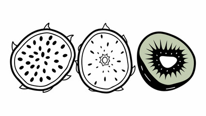 Fototapeta premium Whimsical trio of sliced dragon fruit and kiwi, a fresh and vibrant element for your next creative project or summer design