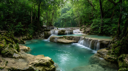 Lush jungle cascades turquoise waters over mossy rocks waterfall forest