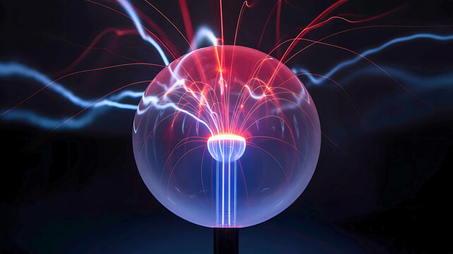 Close-up of a plasma globe with glowing red and blue filaments of electrical energy, illustrating physics and power concepts.