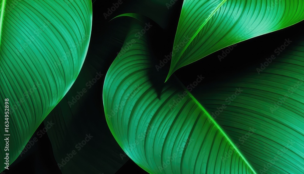 Poster tropical foliage in a dark environment showcasing the vibrant textures and patterns of several large