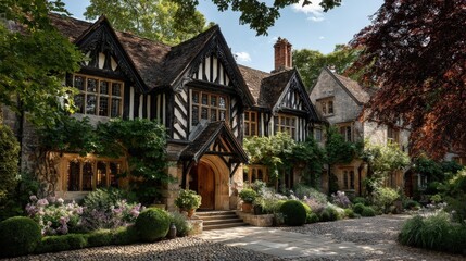 Fototapeta premium Picturesque 17th-century half-timbered Tudor manor house near Oxford in bright daylight