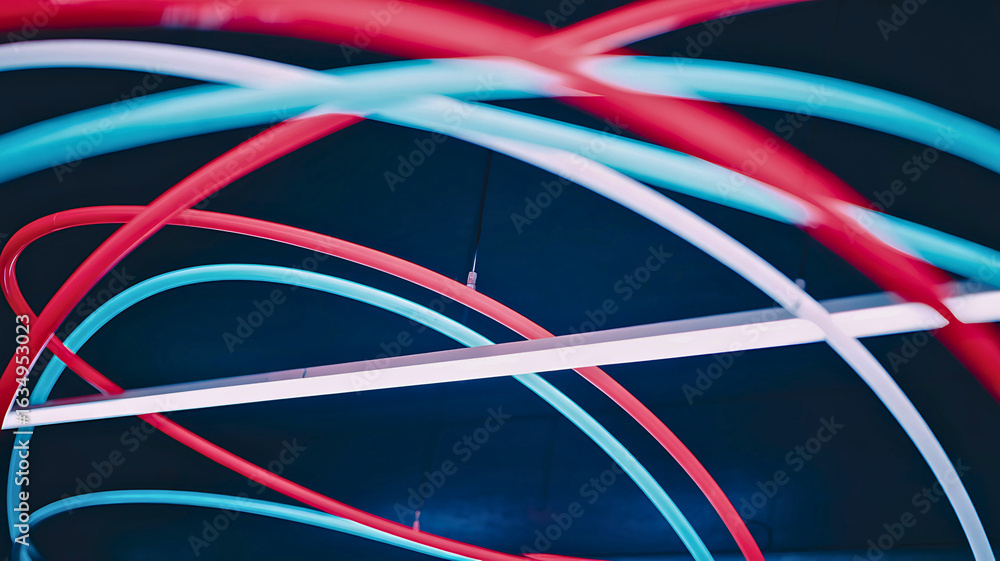 Poster dynamic motion of glowing red and cyan lines swirling around a modern linear light fixture, symboliz