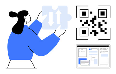 Woman examines puzzle piece with opposing arrows, QR code, and web interface, representing connection, problem-solving, and usability. Ideal for innovation, collaboration, automation analysis