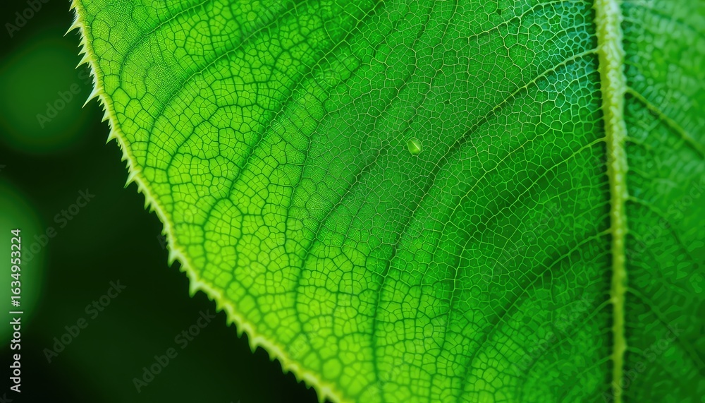 Aufkleber close up of a vibrant green leaf displaying intricate vein patterns and sharp edges under soft, natu