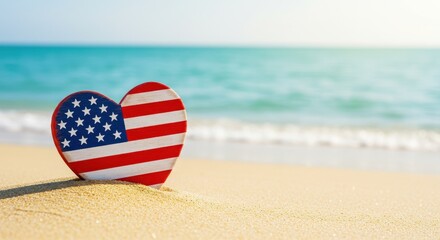American Flag Heart on Golden Sand, Overlooking a Calm Turquoise Sea