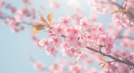 Pastel Pink Cherry Blossoms in Full Bloom Against a Soft Blue Sky