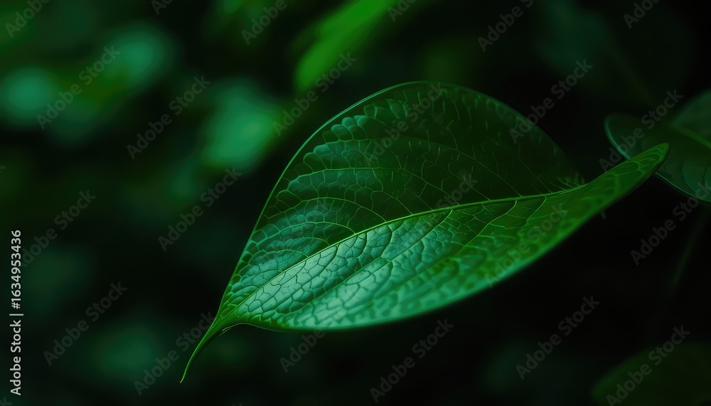 Poster close up view of a vibrant green leaf with intricate vein patterns on a darkly blurred background