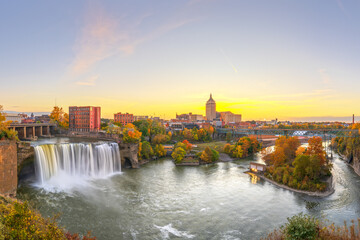 Rochester, New York, USA cityscape on the Genesee River and High Falls
