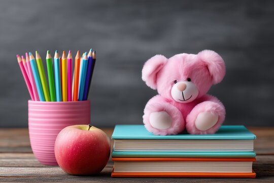 school theme, textbooks, pencils, apple for snack and teddy bear on the background of a school board