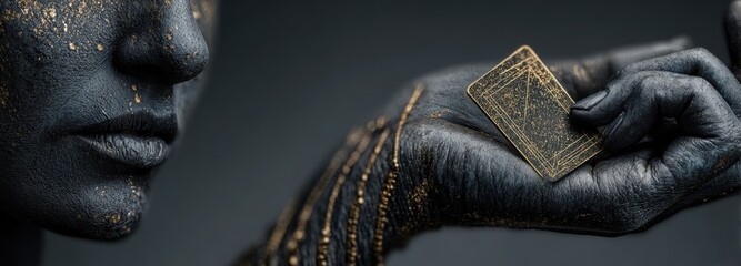 Charcoal and silver hand holding golden tarot card in symbolic interpretation