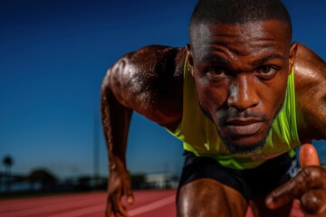 Runner prepares for a sprint on the track with determination and focus