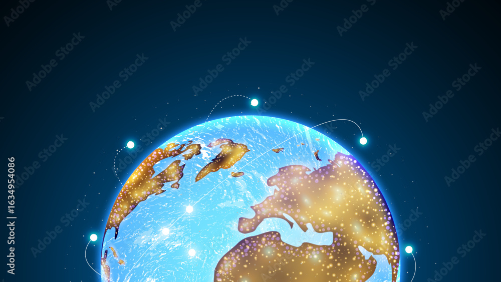 Poster global network connection with earth – digital world map with points and lines for global business, 