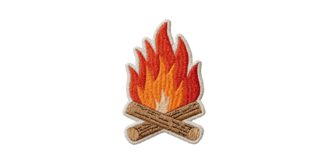 Embroidered Campfire Patch. Symbol Of Outdoor Adventure And Camping Spirit Isolated On Transparent Background