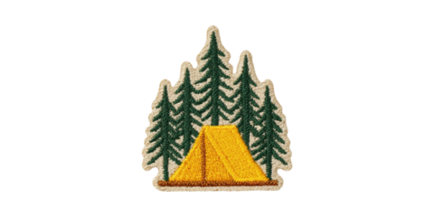Camping Patch With Tent And Pine Trees Embroidery. Outdoor Adventure And Nature Exploration Symbol Isolated On Transparent Background