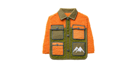 Colorful Fleece Jacket With Mountain Patch Design. Outdoor Adventure And Fashion Statement Isolated On Transparent Background