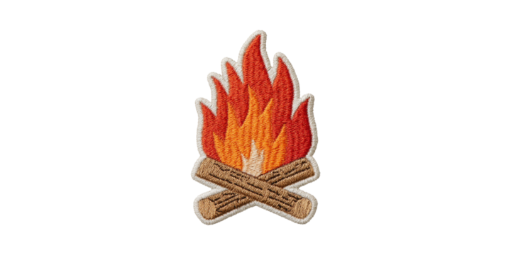 Embroidered Campfire Patch. Symbol Of Outdoor Adventure And Camping Spirit Isolated On Transparent Background
