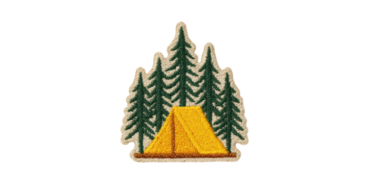 Camping Patch With Tent And Pine Trees Embroidery. Outdoor Adventure And Nature Exploration Symbol Isolated On Transparent Background