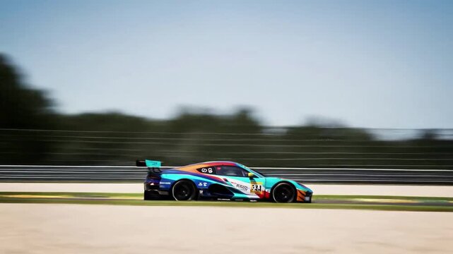 Dynamic race car streaks past on track, capturing the thrill and speed of motorsport competition in a blur of motion.