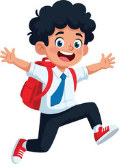 Happy school boy jumping with backpack, ready for education and fun
