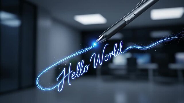 Digital Pen Writes "Hello World" in Glowing Blue Light, Modern Office Background